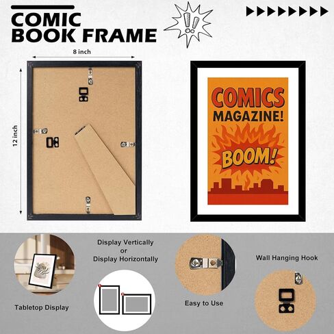4 Pack Comic Book Frame Fits Current up to 6 3/4 x 10 1/4 Comic Book with Mat, Or 8x12 Photos Without Mat, Comic Book Display Frame with Shatter Resistant Plexiglass for Wall and Tabletop, Black in Kuwait