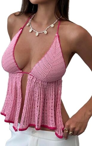 Milumia Women's Crochet Knit Ruffle Halter Crop Top Backless Going Out Camisole Top in Saudi Arabia