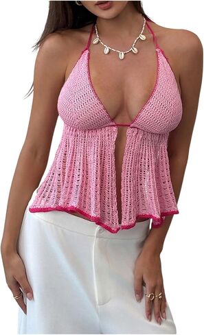 Milumia Women's Crochet Knit Ruffle Halter Crop Top Backless Going Out Camisole Top in Saudi Arabia