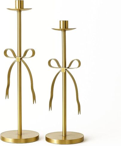 Gold Candle Holders Set of 2 Metal Taper Candle Stands with Bow Design, Modern Decorative Candlesticks for Dining Table, Wedding, Fireplace, Holiday & Christmas Decor in Saudi Arabia