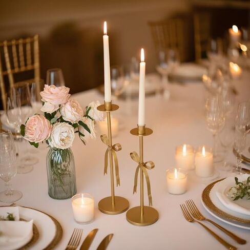 Gold Candle Holders Set of 2 Metal Taper Candle Stands with Bow Design, Modern Decorative Candlesticks for Dining Table, Wedding, Fireplace, Holiday & Christmas Decor in Saudi Arabia