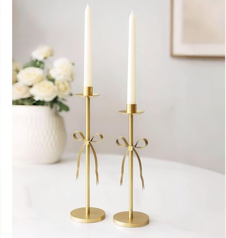 Gold Candle Holders Set of 2 Metal Taper Candle Stands with Bow Design, Modern Decorative Candlesticks for Dining Table, Wedding, Fireplace, Holiday & Christmas Decor in Saudi Arabia
