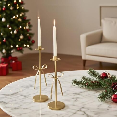 Gold Candle Holders Set of 2 Metal Taper Candle Stands with Bow Design, Modern Decorative Candlesticks for Dining Table, Wedding, Fireplace, Holiday & Christmas Decor in Saudi Arabia