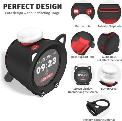 لطيف مضحك Kawaii Cartoon Silicone Cover Cover متوافق مع Nintendo Sound Clock Allaro ، مضاد للخلع على مدار الصدمة زر الواقي غطاء الواقي للبلاد على مدار الساعة الفتيات (أسود) in Kuwait