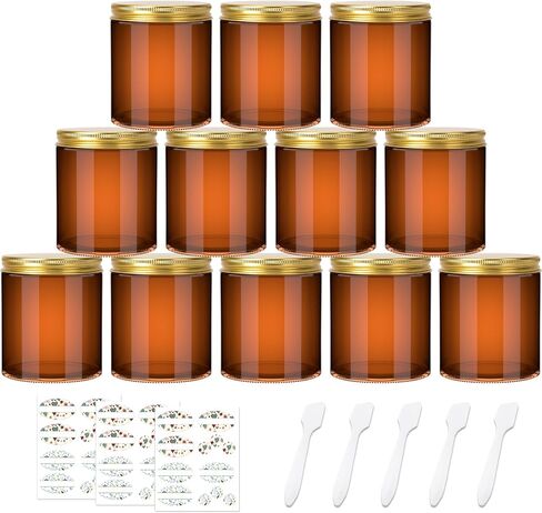 12 Pack 8 oz Amber Round Glass Jars, 240 g Empty Cosmetic Containers with Inner Liners, Golden Aluminum Lids Glass Jars with Lables for Cosmetics, Face Cream, Lotion, Ointments and DIY Candle in Saudi Arabia