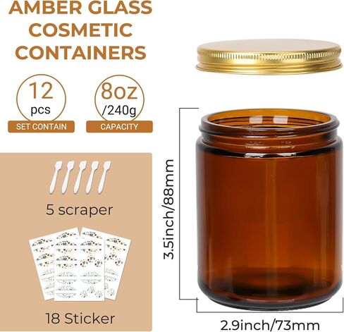 12 Pack 8 oz Amber Round Glass Jars, 240 g Empty Cosmetic Containers with Inner Liners, Golden Aluminum Lids Glass Jars with Lables for Cosmetics, Face Cream, Lotion, Ointments and DIY Candle in Saudi Arabia