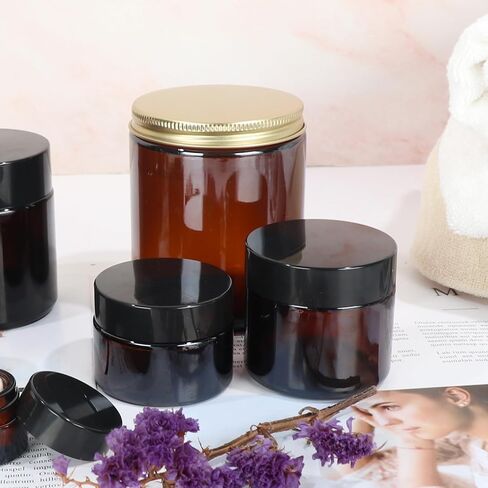 12 Pack 8 oz Amber Round Glass Jars, 240 g Empty Cosmetic Containers with Inner Liners, Golden Aluminum Lids Glass Jars with Lables for Cosmetics, Face Cream, Lotion, Ointments and DIY Candle in Saudi Arabia