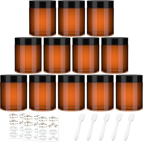 12 Pack 8 oz Amber Round Glass Jars, 240 g Empty Cosmetic Containers with Inner Liners, Golden Aluminum Lids Glass Jars with Lables for Cosmetics, Face Cream, Lotion, Ointments and DIY Candle in Saudi Arabia