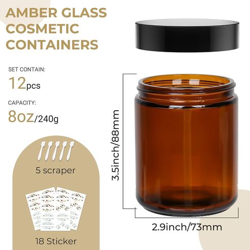 12 Pack 8 oz Amber Round Glass Jars, 240 g Empty Cosmetic Containers with Inner Liners, Golden Aluminum Lids Glass Jars with Lables for Cosmetics, Face Cream, Lotion, Ointments and DIY Candle in Saudi Arabia