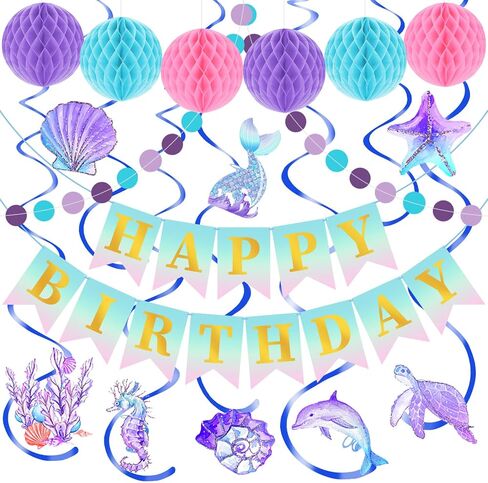 Purple Birthday Party Decorations Set with Happy Birthday Banner, 6 Honeycomb Balls, 8 Star Hanging Swirl Streamer, and Circle Dots Garland for Women Girls in Saudi Arabia