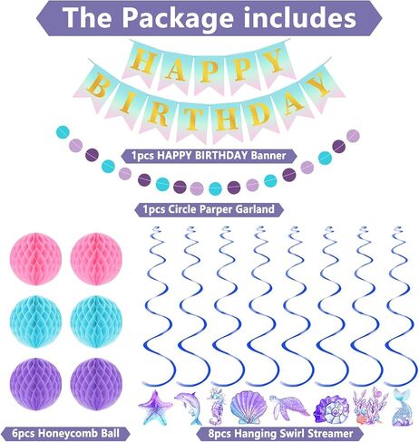 Purple Birthday Party Decorations Set with Happy Birthday Banner, 6 Honeycomb Balls, 8 Star Hanging Swirl Streamer, and Circle Dots Garland for Women Girls in Saudi Arabia