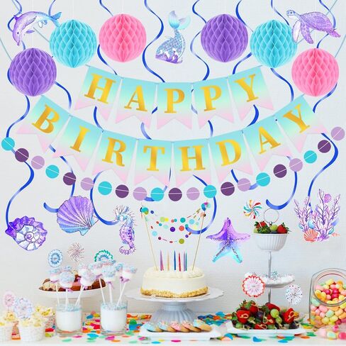 Purple Birthday Party Decorations Set with Happy Birthday Banner, 6 Honeycomb Balls, 8 Star Hanging Swirl Streamer, and Circle Dots Garland for Women Girls in Saudi Arabia