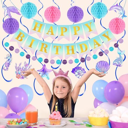 Purple Birthday Party Decorations Set with Happy Birthday Banner, 6 Honeycomb Balls, 8 Star Hanging Swirl Streamer, and Circle Dots Garland for Women Girls in Saudi Arabia
