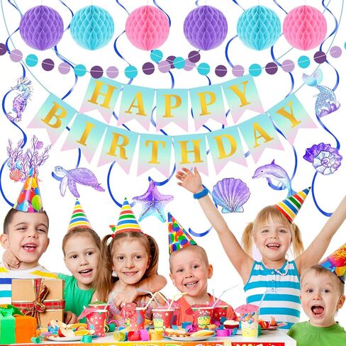 Purple Birthday Party Decorations Set with Happy Birthday Banner, 6 Honeycomb Balls, 8 Star Hanging Swirl Streamer, and Circle Dots Garland for Women Girls in Saudi Arabia