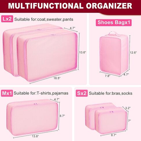 مكعبات التعبئة للسفر ، أكياس Calach Luggage Organizer 6 مكعبات التعبئة لحقائب حقائب سفر أساسيات Carry On Mesh Dorcase مع حقيبة أحذية (وردي) in Kuwait