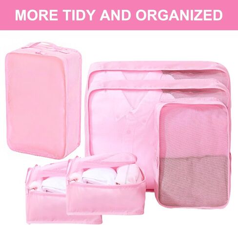 مكعبات التعبئة للسفر ، أكياس Calach Luggage Organizer 6 مكعبات التعبئة لحقائب حقائب سفر أساسيات Carry On Mesh Dorcase مع حقيبة أحذية (وردي) in Kuwait