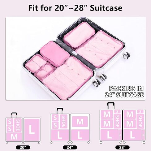 مكعبات التعبئة للسفر ، أكياس Calach Luggage Organizer 6 مكعبات التعبئة لحقائب حقائب سفر أساسيات Carry On Mesh Dorcase مع حقيبة أحذية (وردي) in Kuwait