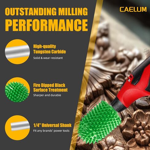 Caelum Extreme Sphere Rotary Burr 1⁄4 "عمود ، مرفق خشبي للبوش ، Dewalt ، Milwaukee ، كربيد التنغستن ، قطر الرأس 1" ، خشن للغاية للنحت في الخشب ، المطاط in Kuwait