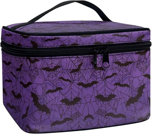 Gothic Halloween Purple Spider Web Bag Bats Print Makeup Bag Travel Cosmetic Bag with Zipper and Handle Portable Large Capacity Toiletry Case for Women Ladies Travel Accessories in Kuwait