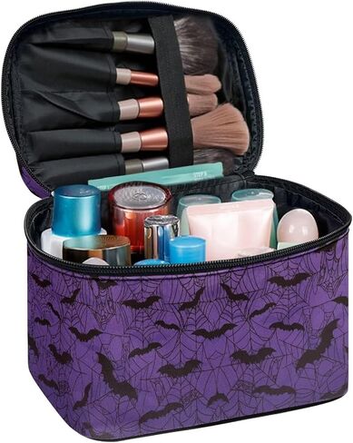 Gothic Halloween Purple Spider Web Bag Bats Print Makeup Bag Travel Cosmetic Bag with Zipper and Handle Portable Large Capacity Toiletry Case for Women Ladies Travel Accessories in Kuwait