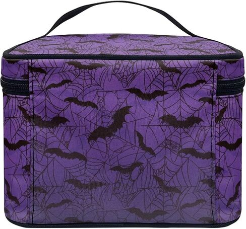 Gothic Halloween Purple Spider Web Bag Bats Print Makeup Bag Travel Cosmetic Bag with Zipper and Handle Portable Large Capacity Toiletry Case for Women Ladies Travel Accessories in Kuwait