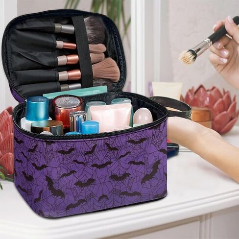 Gothic Halloween Purple Spider Web Bag Bats Print Makeup Bag Travel Cosmetic Bag with Zipper and Handle Portable Large Capacity Toiletry Case for Women Ladies Travel Accessories in Kuwait