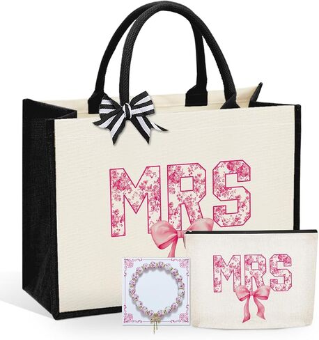 KongMoTree 3 Pcs Bride Wedding Tote Bag with Makeup Bag and Bracelets, Tote Bags with Floral for Wedding Party in Saudi Arabia
