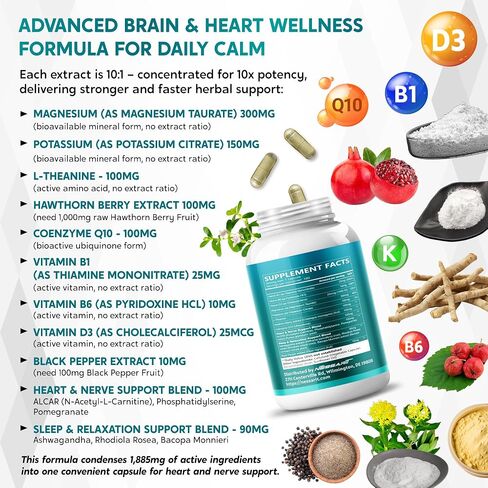 مجمع Taurate المغنيسيوم-1،885 ملغ مع البوتاسيوم ، L-theanine ، Hawthorn Berry & CoQ10-يدعم Heart ، Nerve & Sleep Health-180 كبسولة-مصنوعة في الولايات المتحدة الأمريكية* in Kuwait
