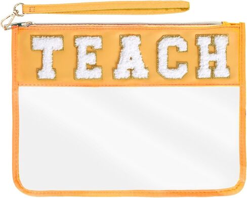 Chenille Letter Bag, Nylon Clear Cosmetic Bag with Zipper, Makeup Travel Pouch for Women Girls Gift (Yellow-TEACH) in Kuwait