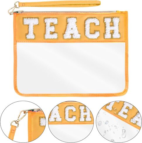 Chenille Letter Bag, Nylon Clear Cosmetic Bag with Zipper, Makeup Travel Pouch for Women Girls Gift (Yellow-TEACH) in Kuwait