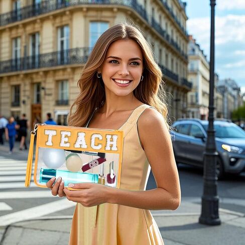 Chenille Letter Bag, Nylon Clear Cosmetic Bag with Zipper, Makeup Travel Pouch for Women Girls Gift (Yellow-TEACH) in Kuwait