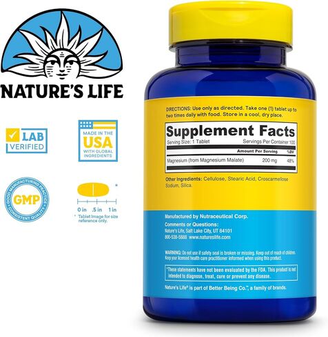 Nature's Life Renewing Magnesium Malate 200 mg - Once Daily Magnesium Supplement for Muscle and Nerve Function, Heart Health, Bone Support - Maximum Absorption, 60-Day Guarantee, 100 Serv, 100 Tablets in Saudi Arabia