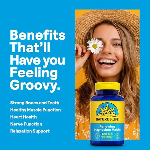 Nature's Life Renewing Magnesium Malate 200 mg - Once Daily Magnesium Supplement for Muscle and Nerve Function, Heart Health, Bone Support - Maximum Absorption, 60-Day Guarantee, 100 Serv, 100 Tablets in Saudi Arabia