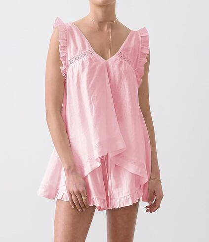 Women Ruffle 2 قطعة مجموعات الصيف الدانتيل المرقوع أعلى أكمام وسروال شورت مجموعات Pajama in Kuwait