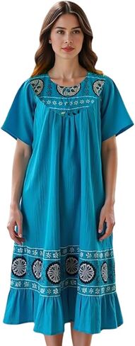 Loungees Women’s Lounge Dress - Boho Midi Muu Muu Dress with Printed Border, Relaxed Fit Crinkle Cotton Gauze, Side Pockets in Kuwait