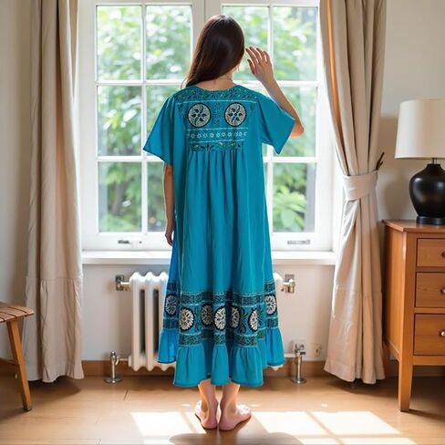 Loungees Women’s Lounge Dress - Boho Midi Muu Muu Dress with Printed Border, Relaxed Fit Crinkle Cotton Gauze, Side Pockets in Kuwait