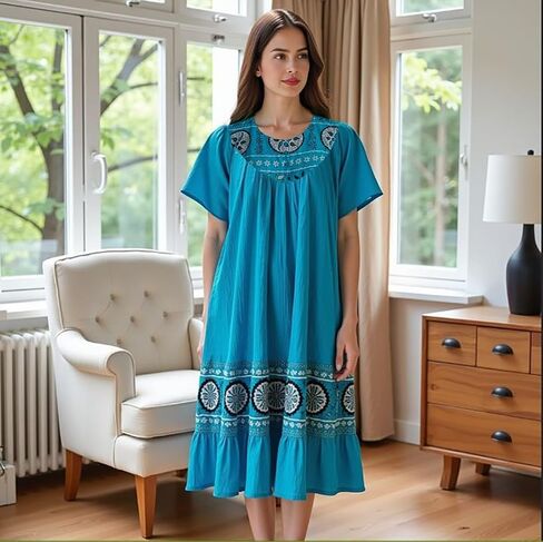 Loungees Women’s Lounge Dress - Boho Midi Muu Muu Dress with Printed Border, Relaxed Fit Crinkle Cotton Gauze, Side Pockets in Kuwait