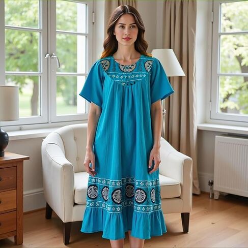 Loungees Women’s Lounge Dress - Boho Midi Muu Muu Dress with Printed Border, Relaxed Fit Crinkle Cotton Gauze, Side Pockets in Kuwait