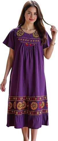 Loungees Women’s Lounge Dress - Boho Midi Muu Muu Dress with Printed Border, Relaxed Fit Crinkle Cotton Gauze, Side Pockets in Kuwait
