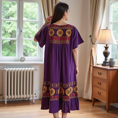 Loungees Women’s Lounge Dress - Boho Midi Muu Muu Dress with Printed Border, Relaxed Fit Crinkle Cotton Gauze, Side Pockets in Kuwait