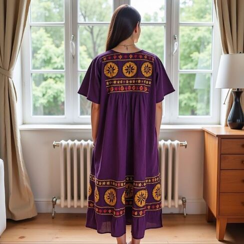 Loungees Women’s Lounge Dress - Boho Midi Muu Muu Dress with Printed Border, Relaxed Fit Crinkle Cotton Gauze, Side Pockets in Kuwait