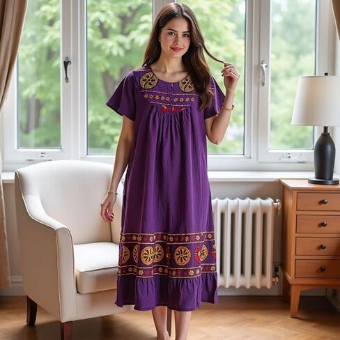 Loungees Women’s Lounge Dress - Boho Midi Muu Muu Dress with Printed Border, Relaxed Fit Crinkle Cotton Gauze, Side Pockets in Kuwait