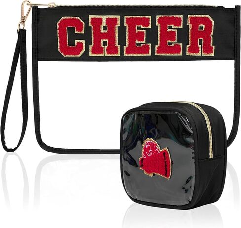 2 Pcs Clear Cheer Makeup Bag,Chenille Letter Toiletry Pouch with Zipper Cheer Bag Accessories,Waterproof PVC Travel Cosmetic Bag for Cheerleader Women（Cheer-Black） in Saudi Arabia