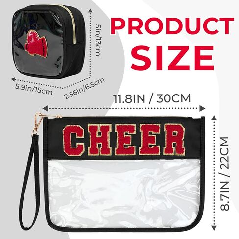 2 Pcs Clear Cheer Makeup Bag,Chenille Letter Toiletry Pouch with Zipper Cheer Bag Accessories,Waterproof PVC Travel Cosmetic Bag for Cheerleader Women（Cheer-Black） in Saudi Arabia