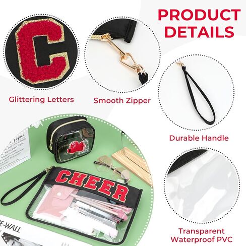 2 Pcs Clear Cheer Makeup Bag,Chenille Letter Toiletry Pouch with Zipper Cheer Bag Accessories,Waterproof PVC Travel Cosmetic Bag for Cheerleader Women（Cheer-Black） in Saudi Arabia