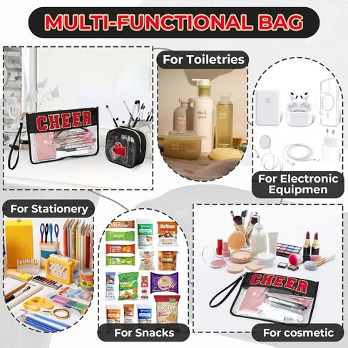 2 Pcs Clear Cheer Makeup Bag,Chenille Letter Toiletry Pouch with Zipper Cheer Bag Accessories,Waterproof PVC Travel Cosmetic Bag for Cheerleader Women（Cheer-Black） in Saudi Arabia