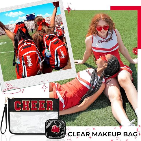 2 Pcs Clear Cheer Makeup Bag,Chenille Letter Toiletry Pouch with Zipper Cheer Bag Accessories,Waterproof PVC Travel Cosmetic Bag for Cheerleader Women（Cheer-Black） in Saudi Arabia