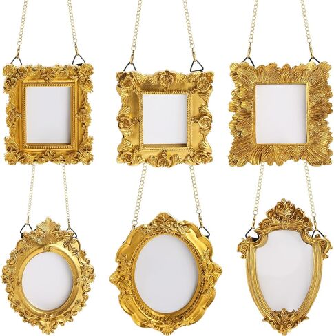 Weysat 6 Pcs Hanging Mini Gold Small Picture Frames Tiny Vintage Baroque Photo Frames Antique Resin Oval Rectangle Hanging Ornament with Back and Chain for Home Wedding Holiday Christmas Decor in Saudi Arabia