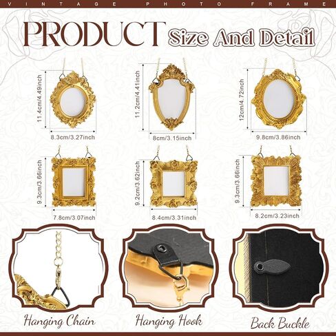 Weysat 6 Pcs Hanging Mini Gold Small Picture Frames Tiny Vintage Baroque Photo Frames Antique Resin Oval Rectangle Hanging Ornament with Back and Chain for Home Wedding Holiday Christmas Decor in Saudi Arabia