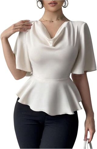 Oyoangle للسيدات الأنيقة قرنين العنق الكشكش القصيرة القصيرة بلوزة العمل الأنيقة قمة peplum عارض in Saudi Arabia